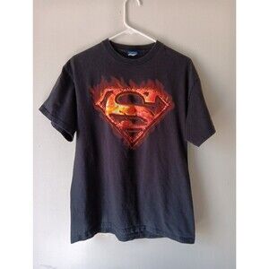 Superman Flames Fire Logo T-shirt Faded Black Mens Large DC Comics